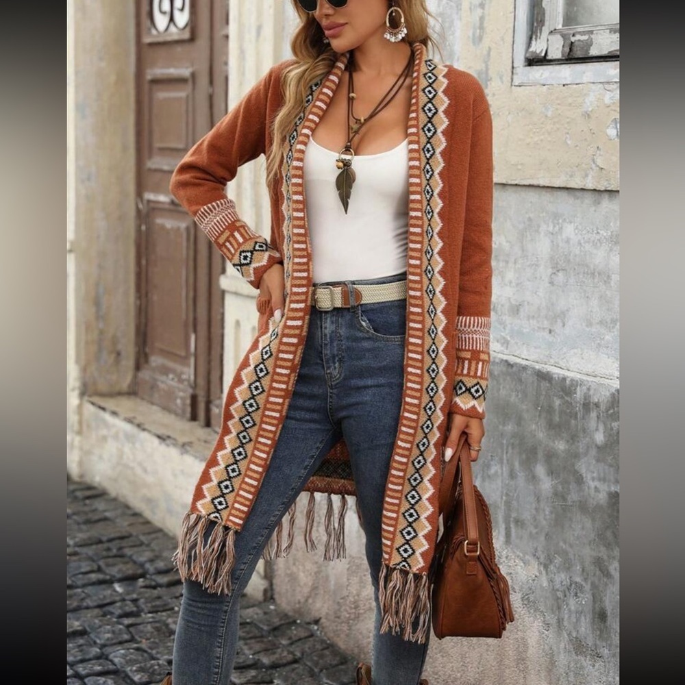 Bohemian Fringe Front Pocket Long Open Knit Cardigan Sweater - Picture 4 of 6
